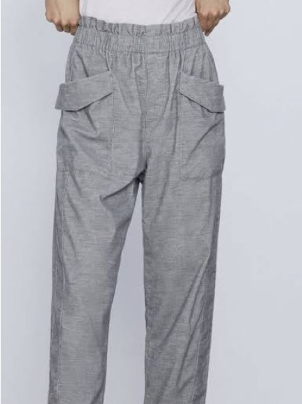 Zara| Light Grey Elastic-Waist Straight  Leg Paperbag Ankle Corduroy Pants Sz S